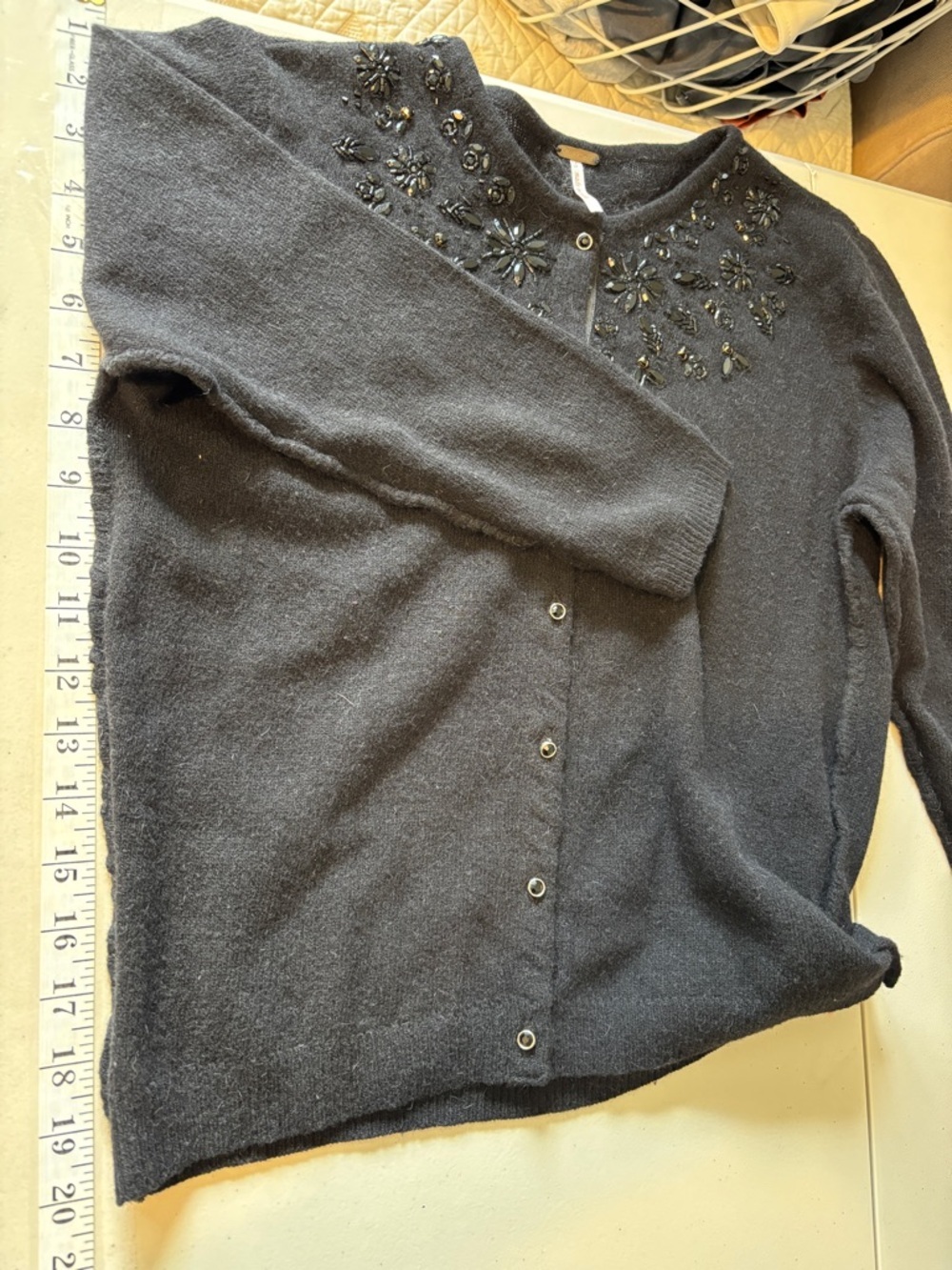 Whimsigoth Black Floral Cardigan Size Small Beaded Dark Fairy Grunge Fitted Wool - Picture 10 of 11